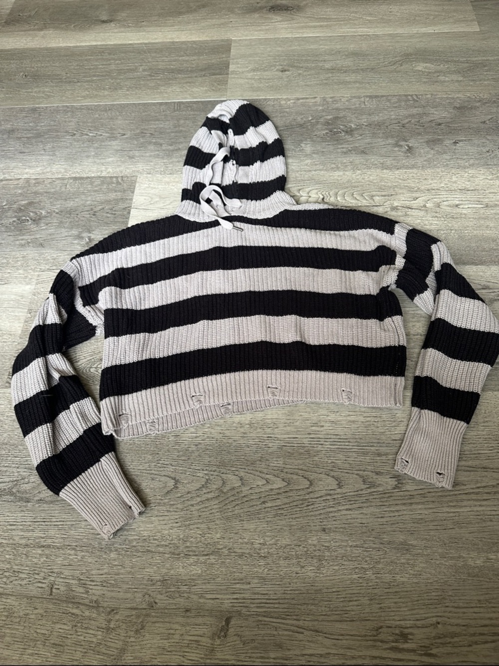 Pink Rose Black and Cream Striped Hooded Cropped Sweater